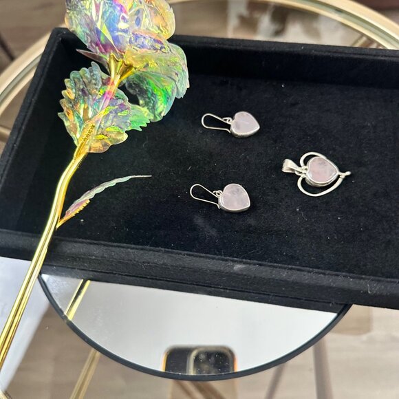 Heart-Shaped Rose Quartz Earrings & Pendant Set In Silver 925 Frame Handmade & C - Picture 4 of 9